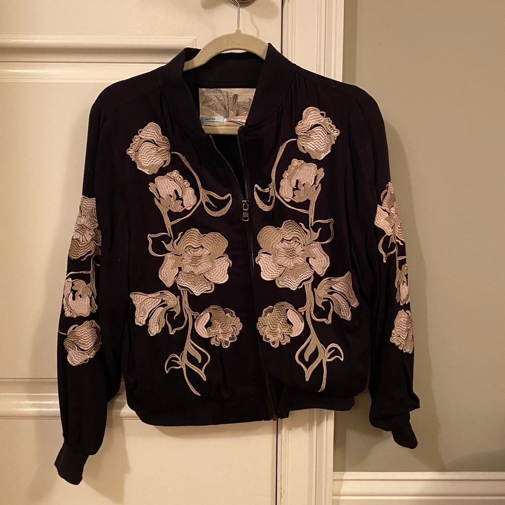 Black bomber jacket with flower embroidery